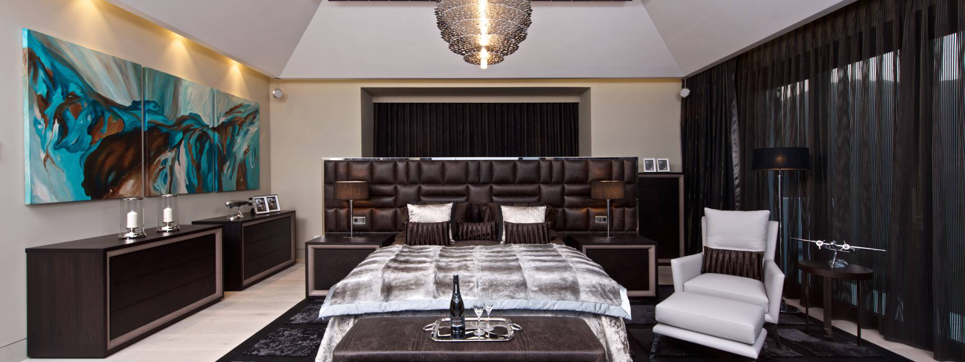Contemporary Holiday Villa. Exquisite master bedroom. Taylor interiors.